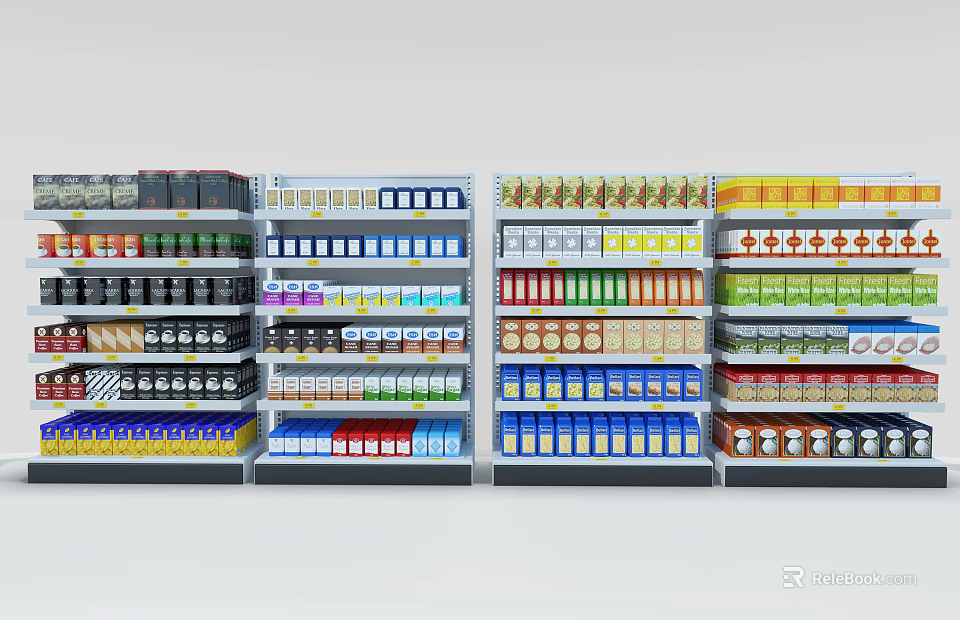 Multi Tiered Retail Display Shelves Stocked With Various Products In Store Layout 3d model 