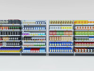 Multi Tiered Retail Display Shelves Stocked With Various Products In Store Layout 3d model