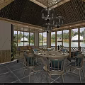 Traditional Bamboo Restaurant Interior With Round Dining Table Wooden Chairs Chandeliers And Green Plants