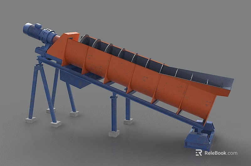 Industrial Inclined Drum Equipment With Orange Cylinder And Blue Support Frame For Material Processing Applications 3d model 
