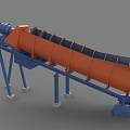 Industrial Inclined Drum Equipment With Orange Cylinder And Blue Support Frame For Material Processing Applications