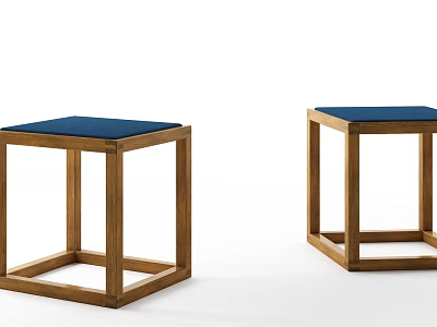 Modern Minimalist Wooden Frame Stools With Blue Cushion Seats Set Of Two 3d model
