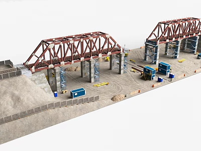 Bridge Construction Site With Red Truss Structure Piers Construction Equipment And Sandy Ground 3d model