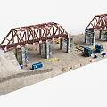 Bridge Construction Site With Red Truss Structure Piers Construction Equipment And Sandy Ground 3d model