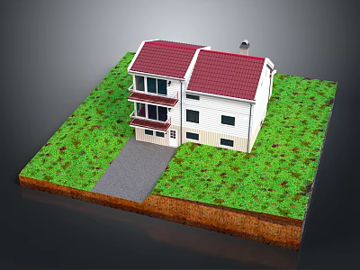 Two Story Detached Villa With Red Roof White Exterior And Green Lawn Driveway 3d model