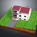 Two Story Detached Villa With Red Roof White Exterior And Green Lawn Driveway