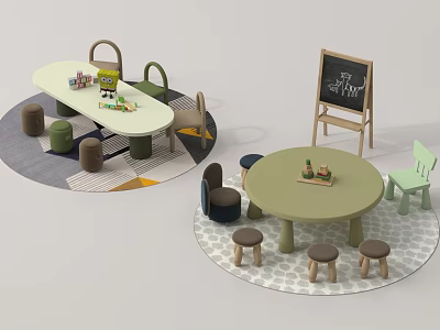 Oval And Round Children's Table With Small Stools Toys Carpet And Blackboard 3d model
