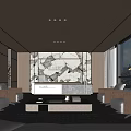 Modern Front Desk Reception Area With Wooden Ceiling Sofas Decorative Wall And Large Windows 3d model