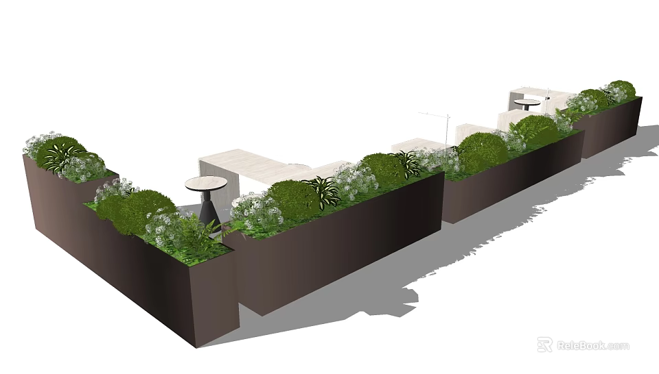 Rectangular Flower Planters With Lush Green Plants And Outdoor Seating Area 3d model