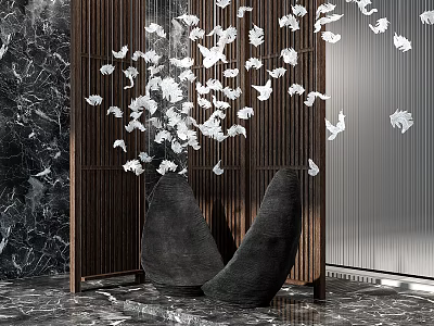 Elegant White Petal Shaped Chandelier With Dark Wooden Screen And Marble Floor 3d model