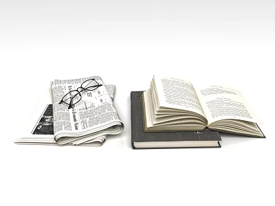 Open And Closed Books With Newspapers And Eyeglasses On White Surface 3d model