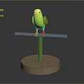 Vibrant Yellow Green Parrot Perched On Wooden Stick With Round Base Against Dark Background