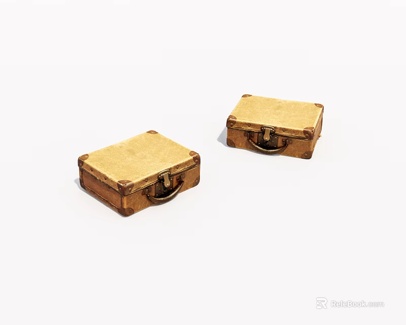 Two Small Vintage Golden Suitcases With Metal Clasps And Handles 3d model 