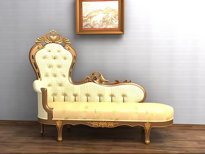 Classic Luxurious Chaise Lounge with Ornate Golden Frame and Ivory Tufted Upholstery 3d model