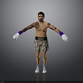 Shirtless Man With Tattoos Wearing Purple White Boxing Gloves And Leopard Print Shorts