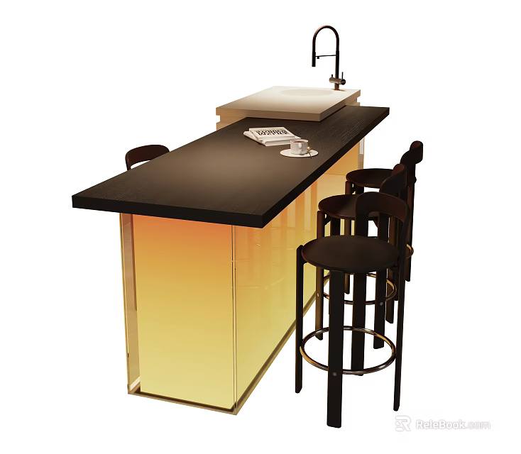 Stylish Modern Bar Counter Interior With Black Countertop Yellow Cabinet And Bar Stools 3d model 