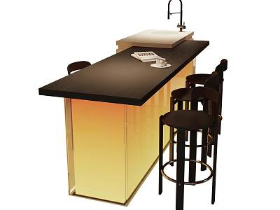 Stylish Modern Bar Counter Interior With Black Countertop Yellow Cabinet And Bar Stools 3d model
