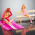 Dolls Sitting On Pink Blanket And Bench With Surfboard In Red Top And Pink Bikini