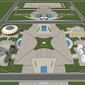 Modern Public Building With Circular Glass Dome And Square Structures In Open Area 3d model