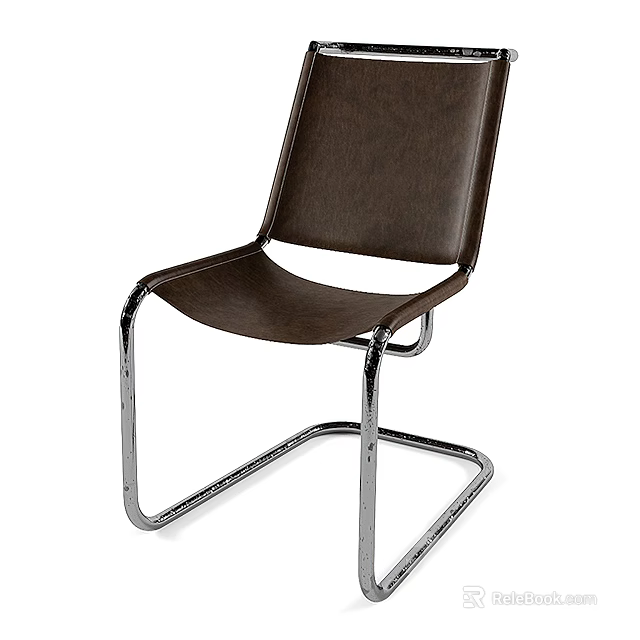 Modern Single Chair With Brown Leather Seat And Sleek Metal Frame 3d model 