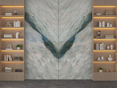 Marble TV Backdrop Design With Wooden Bookshelves Books Decorative Items And Built in Lighting 3d model