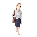 Woman In Gray Shirt And Dark Blue Skirt Carrying Brown Bag Standing