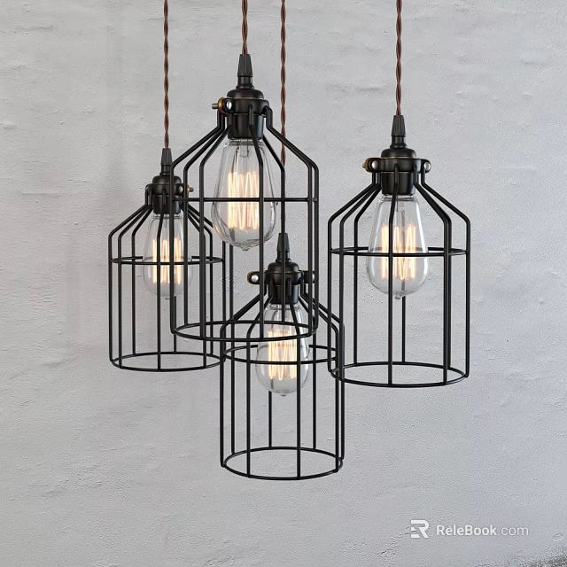 Black Metal Cage Chandeliers With Bulbs Hanging On White Wall 3d model 