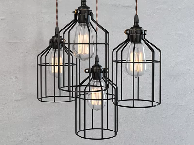 Black Metal Cage Chandeliers With Bulbs Hanging On White Wall 3d model