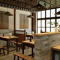 Traditional Restaurant Interior with Wooden Tables Benches Brick Wall Perforated Ceiling and Decorative Vases
