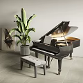 Elegant Black Grand Piano With Music Sheet And Side Painting Near Green Plant Stool