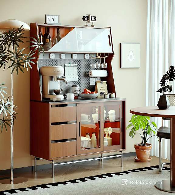 Wooden Sideboard With Drawers Glass Doors Coffee Machine Wine Glasses Fruit Tray And Indoor Plants 3d model 