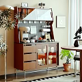 Wooden Sideboard With Drawers Glass Doors Coffee Machine Wine Glasses Fruit Tray And Indoor Plants