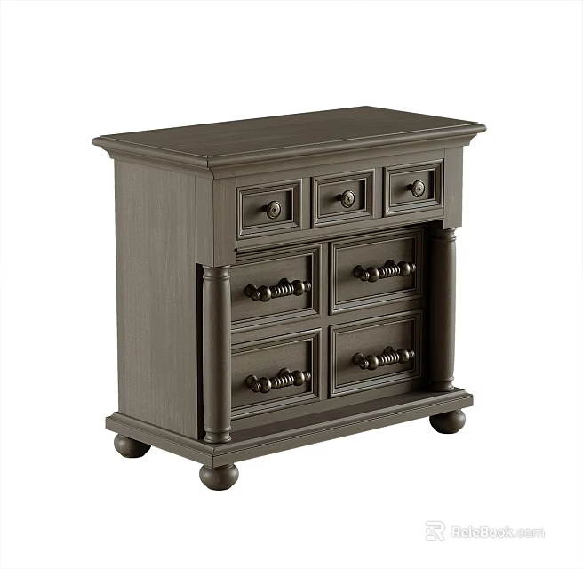 Traditional Dark Wooden Bedside Table With Multiple Drawers And Metal Handles 3d model 