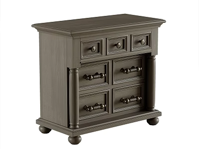 Traditional Dark Wooden Bedside Table With Multiple Drawers And Metal Handles 3d model