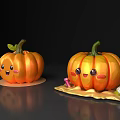 Two Adorable Decorative Pumpkin Vegetables With Happy Smiling Faces On Gray Surface