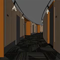 Modern Hotel Corridor with Curved Wooden Walls Patterned Carpet and Recessed Lighting