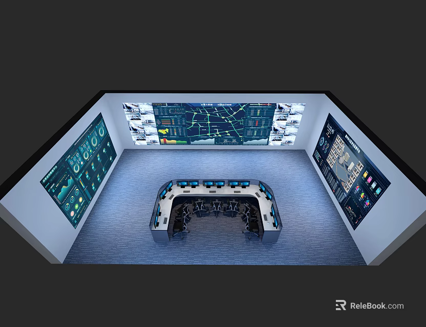 Modern Control Room Setup With Multiple Screens Control Console And Monitoring Interfaces 3d model