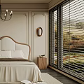 Elegant Modern Bedroom Interior With Upholstered Headboard Bed Chandelier Large Windows And Area Rug