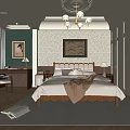 Elegant Classic Bedroom Interior With Upholstered Bed Patterned Wallpaper Decorative Ceiling And Chandelier