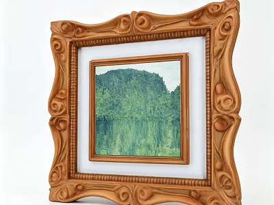 Photo Wall With Ornate Wooden Frame Intricate Carved Designs Green Mountain Lake Landscape Painting 3d model