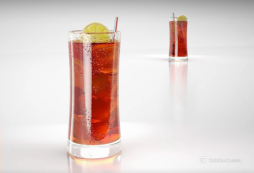 Refreshing Red Beverage in Tall Glasses with Lime Wedge Ice Cubes and White Reflective Background 3d model 