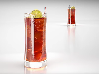 Refreshing Red Beverage in Tall Glasses with Lime Wedge Ice Cubes and White Reflective Background 3d model