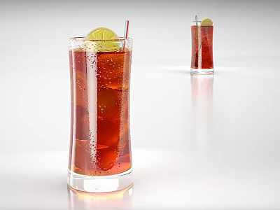 Refreshing Red Beverage in Tall Glasses with Lime Wedge Ice Cubes and White Reflective Background 3d model