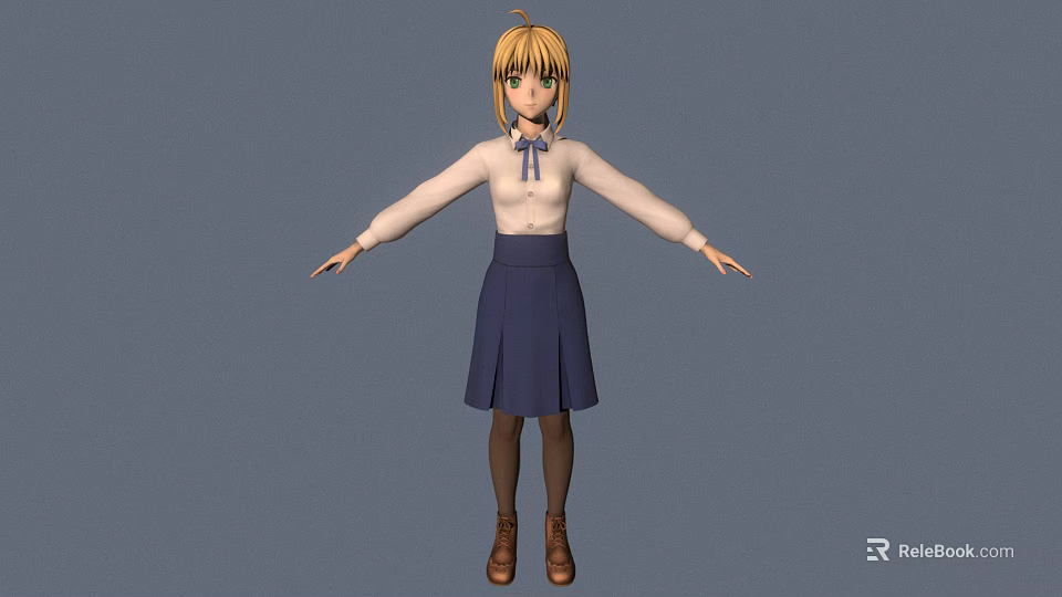 3D Anime Character Model With Blonde Hair Green Eyes White Shirt And Blue Bow Tie 3d model 
