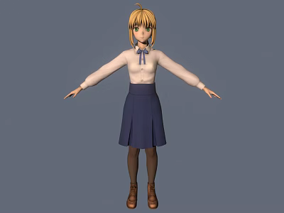 3D Anime Character Model With Blonde Hair Green Eyes White Shirt And Blue Bow Tie 3d model