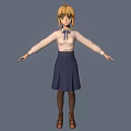 3D Anime Character Model With Blonde Hair Green Eyes White Shirt And Blue Bow Tie