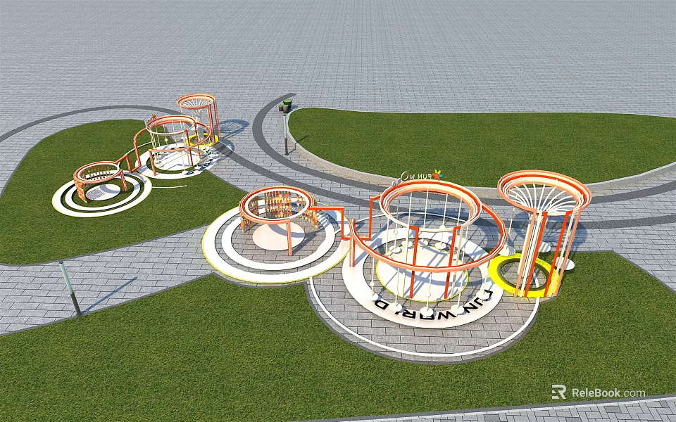 Modern Pergola Design With Circular Layout On Grass Lawn And Railings Elements 3d model