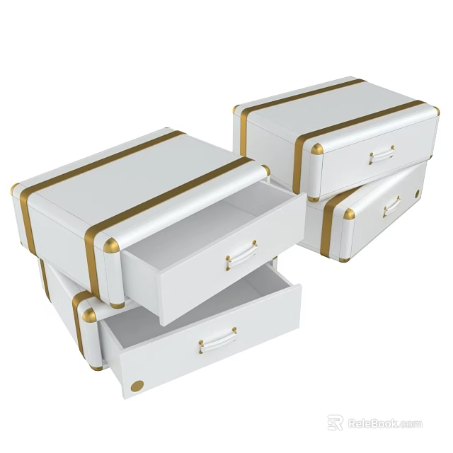 White Storage Boxes With Gold Trim And Drawers For Home Organization 3d model 