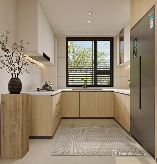 Modern Kitchen Interior With Wooden Cabinets White Countertop Window Blinds And Natural Light 3d model 