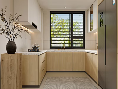 Modern Kitchen Interior With Wooden Cabinets White Countertop Window Blinds And Natural Light 3d model